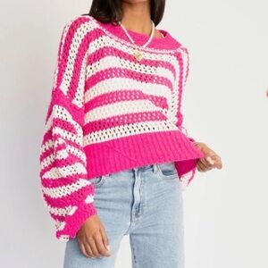 VICI Made For You Chenille Striped Sweater Womens S Long Balloon Sleeve Cropped‎